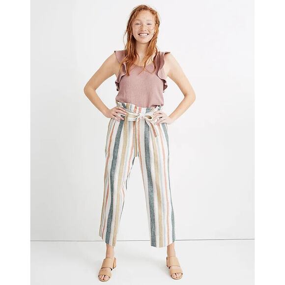 Madewell Huston Crop Pant Womens S Multi Stripe Linen Blend Tie Waist Pull On - Picture 12 of 14